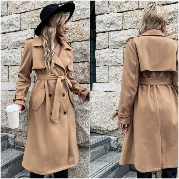 Classic Camel Tan Double Breasted Button up trench Coat Jacket Winter - Picture 2 of 3